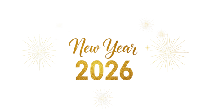 Golden happy new year greeting card with the year two thousand twenty six on a transparent background