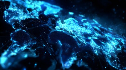 Digital representation of the planet Earth glows with bright blue light from illuminated continents