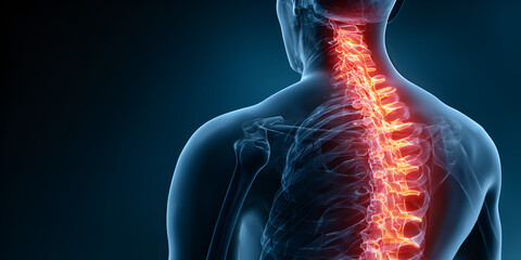 Medical illustration of human spine with glowing vertebrae in back view