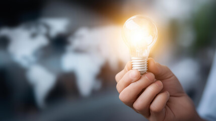 Hand holding glowing lightbulb with world map defocused overlay, faceless innovation symbol, digital visualization detail, blurred global background, bright ideas concept, connecte