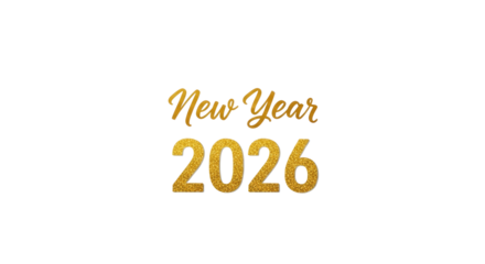 Golden happy new year greeting card with the year two thousand twenty six on a transparent background