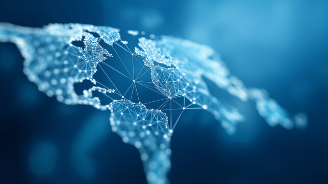 Polygon world map with blockchain defocused technology network, faceless peer-to-peer, cryptocurrency visualization detail, blurred blue background, global business concept, tradin