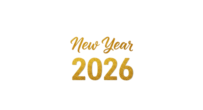 Golden happy new year greeting card with the year two thousand twenty six on a transparent background