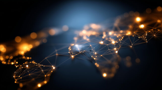 World map with glowing connections defocused digital network, faceless dark setting, communication visualization detail, blurred overlay background, global connectivity concept, te