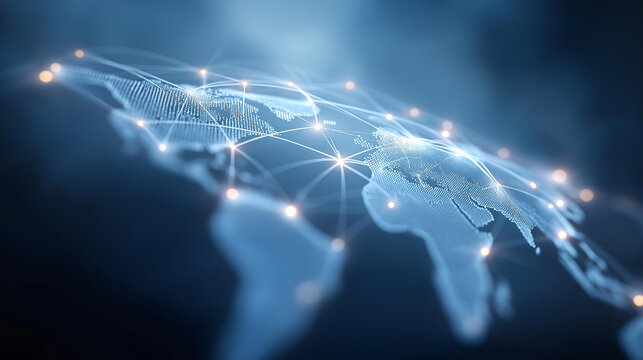 World map with glowing connections defocused digital network, faceless dark setting, communication visualization detail, blurred overlay background, global connectivity concept, te