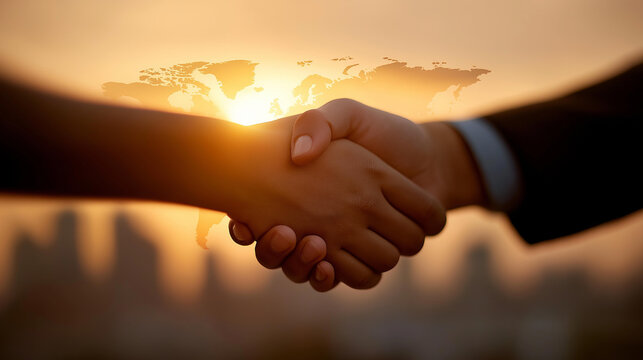 Business handshake with world map defocused city skyline, faceless global partnership, sunset visualization detail, blurred urban background, international concept, business interf