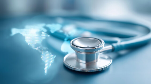 Stethoscope on glowing digital world defocused healthcare map, faceless medical connectivity, international visualization detail, blurred blue earth, telemedicine concept, digital
