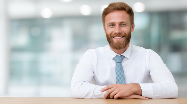 Smiling businessman at desk with defocused office background, faceless professional portrait, confident visualization detail, blurred workspace setting, business success concept, e