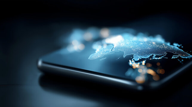 Smartphone with glowing world map defocused wireless network, faceless digital technology, global visualization detail, blurred futuristic background, communication concept, techno