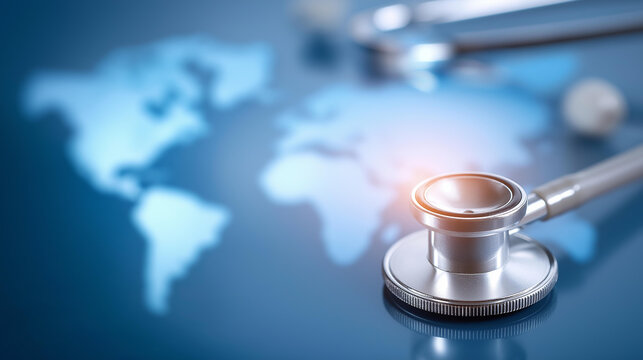 Stethoscope on glowing digital world defocused healthcare map, faceless medical connectivity, international visualization detail, blurred blue earth, telemedicine concept, digital
