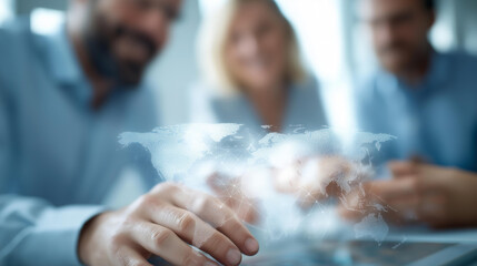 Business people collaborate with digital defocused world map overlay, faceless modern office, international visualization detail, blurred technology background, network concept, tr