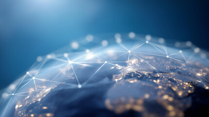 Global network connections over defocused digital Earth, faceless worldwide connectivity, communication visualization detail, blurred planet background, international concept, tech