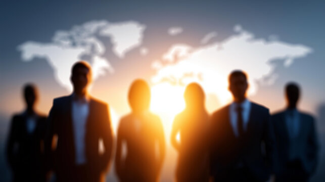 Diverse business team silhouettes on defocused glowing world map, faceless global connection, sunrise visualization detail, blurred opportunity background, international concept, t