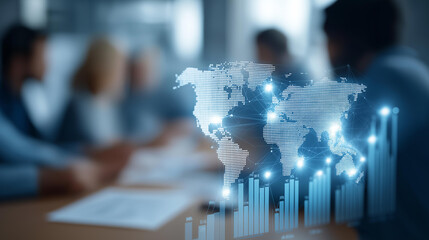 Business team analyzing global trends defocused world map, faceless market meeting, data visualization detail, blurred charts background, international analysis concept, profession