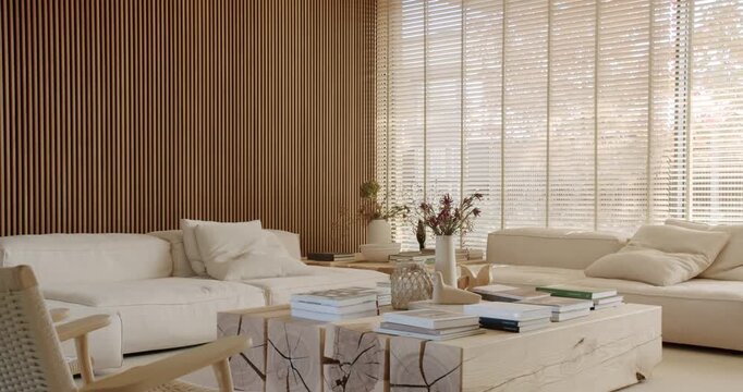 Modern living room interior with wooden wall paneling, large windows, and two off-white sofas. Books are stacked on the natural wood coffee table creating a stylish and cozy minimalist home.