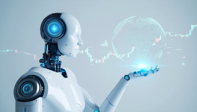 A futuristic robot holding a holographic globe, a symbol of technology and innovation. The robot looks to a graph