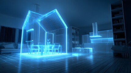 Digital wireframe projection illuminates the interior structure of a modern residential dwelling