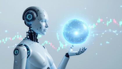 A futuristic female robot holding a glowing orb, with financial data in the background