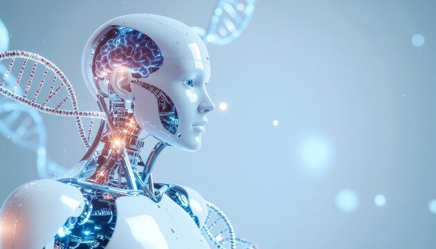 A stunning visualization of a humanoid robot, intertwined with DNA strands, hinting at the fusion of technology and biology. The robot's serene expression invites contemplation on the future