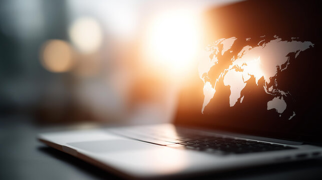 World map with graph on laptop defocused screen, faceless business growth, global visualization detail, blurred digital background, international concept, economic interface, growt