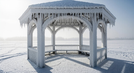 Winter gazebo covered in ice and snow on a frozen lake