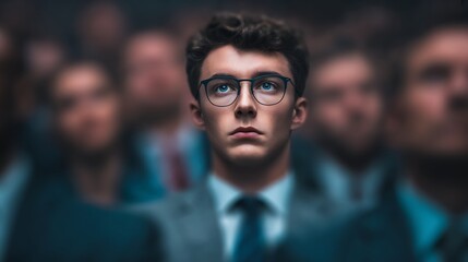 Obraz premium A focused young man in a suit, surrounded by an audience, displaying deep concentration in a professional setting.
