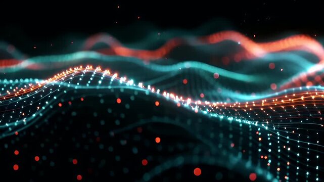 abstract digital background with glowing lines and dots, predominantly in shades of blue, orange, and green. The lines are dotted with small lights, creating a sense of depth and dimension.