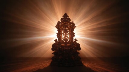 Ornate Golden Throne with Dramatic Backlight and Sunburst Effect Illuminating a Dark Room - Powered by Adobe