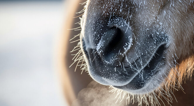 Horse nose with frost in winter setting  