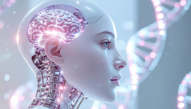 An artistic representation of a female cyborg with a human brain, featuring a DNA helix in the background