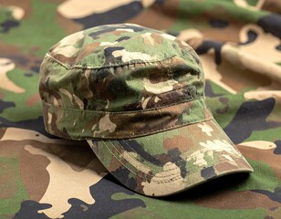Camo pattern cap resting on matching fabric, with shades of green, brown, and black