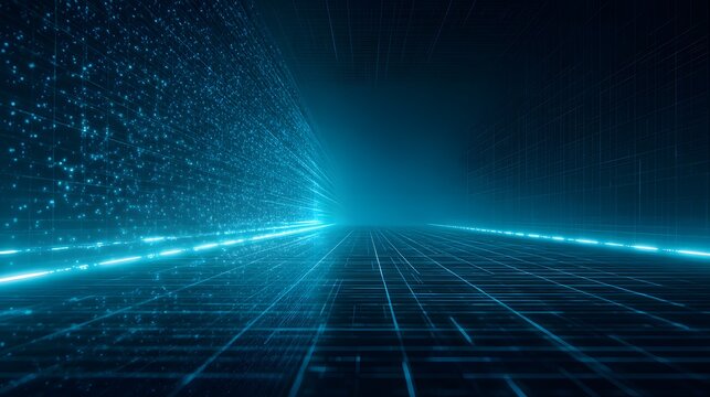 Illuminated digital corridor extends into a vast dark cyberspace environment