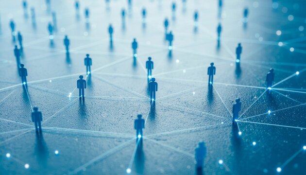 Networked community, with interconnected individuals, symbolizing social connections and digital networking