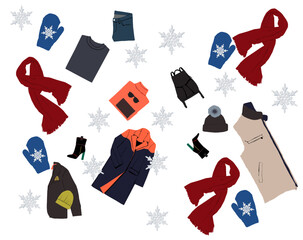 vector illustration set of winter clothes, jacket , scarf, gloves, boot ,snowflake, hat