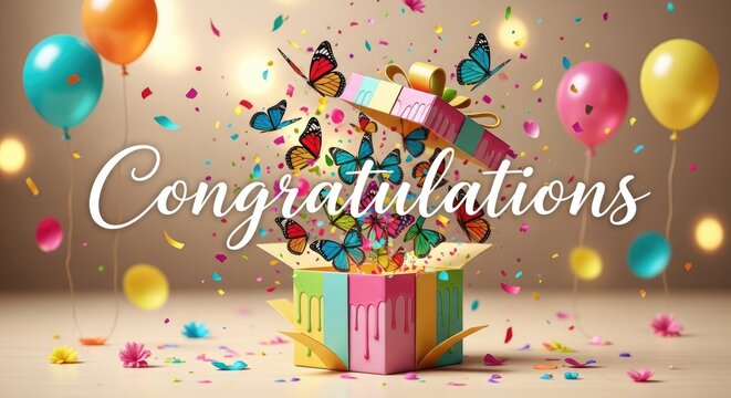 Celebratory image with congratulations text balloons butterflies and a colorful gift box - Powered by Adobe