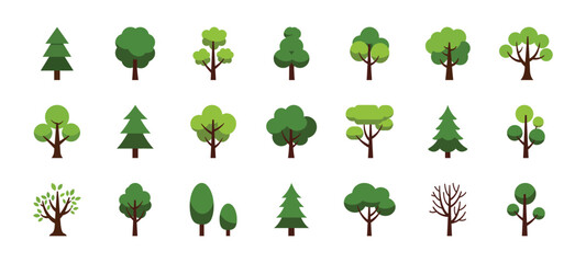 Variety of stylized flat design tree icons and illustrations, representing diverse natural elements and lush greenery