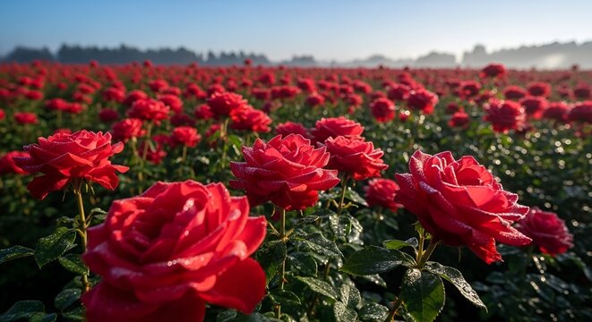 Fototapeta Stunning field of vibrant red roses glistening with morning dew, perfect for romantic designs