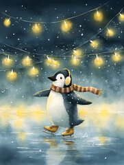 Cute penguin skating on ice under glowing lights during a snowy evening