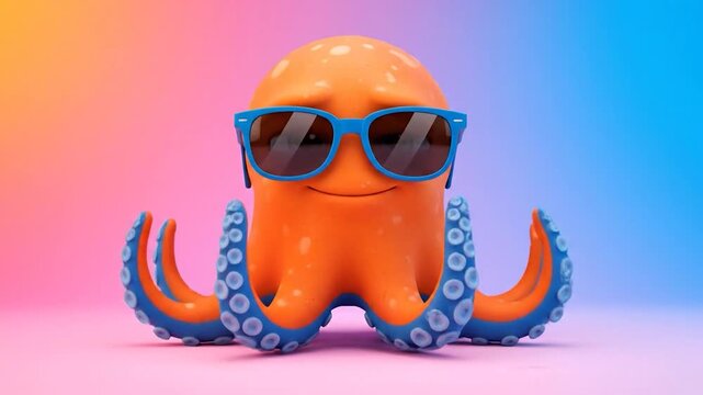 A smiling, cartoon octopus wearing sunglasses against a gradient background