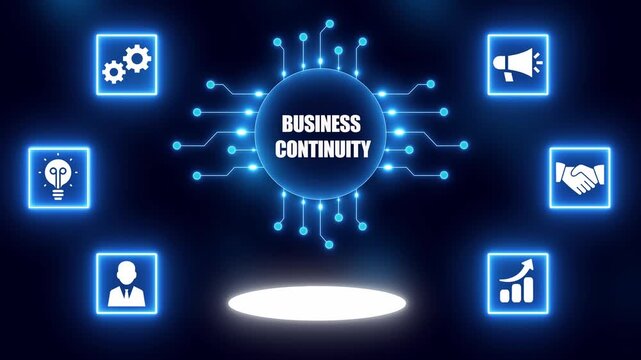 Business Continuity Concept with Icons and Glowing Network on Dark Blue Background strategy planning