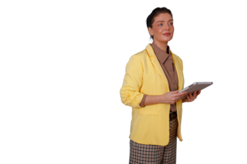 Businesswoman in yellow blazer holding digital tablet, looking away with thoughtful expression on transparent background
