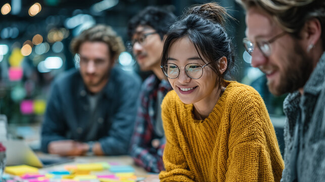 Multicultural business team brainstorming in modern office – Asian and European coworkers collaboration vector illustration