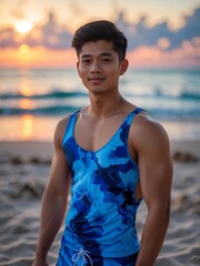 Fototapeta premium attractive young filipino guy in blue themed swimwear portrait on beach fun sunset background, facing front and slightly smiling