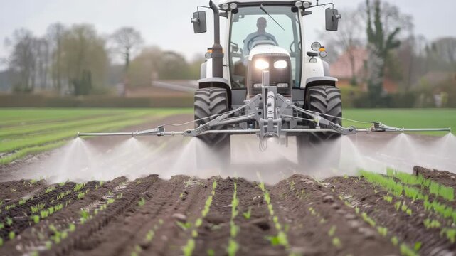 A tractor sprays crops in a flourishing field, showcasing the use of advanced methods for crop care and sustainability