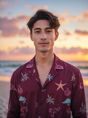attractive young american guy in burgundy themed swimwear portrait on beach fun sunset background, facing front and slightly smiling