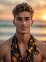 attractive young american guy in amber themed swimwear portrait on beach fun sunset background, facing front and slightly smiling