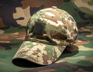Camouflage patterned baseball cap lying on matching fabric in studio lighting
