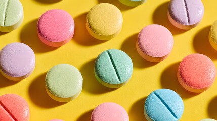 Obraz premium Assortment of brightly colored, round tablets scattered across a vibrant yellow surface in a view