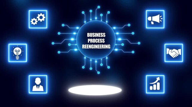 Business Process Reengineering Concept With Icons And Glowing Circuit Board In Center On Dark Blue Background