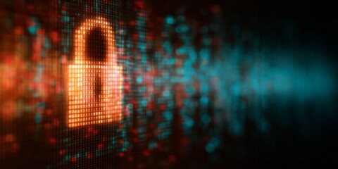 Fototapeta premium Digital padlock icon glows intensely against a dark background with scattered colorful data elements
